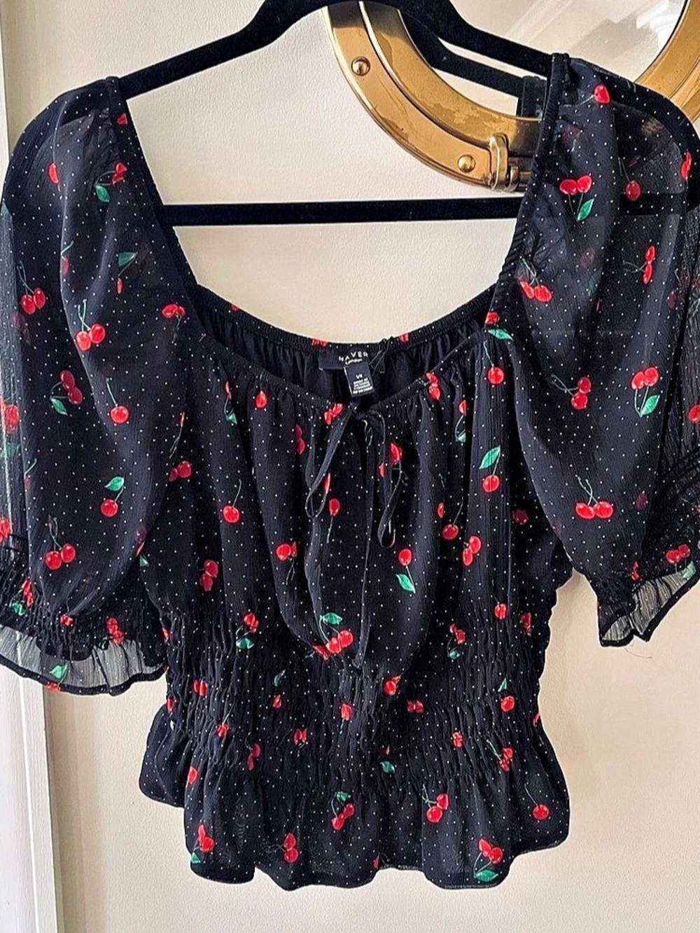 Haver London Cherry Print Smocked Blouse in Black Size l/g